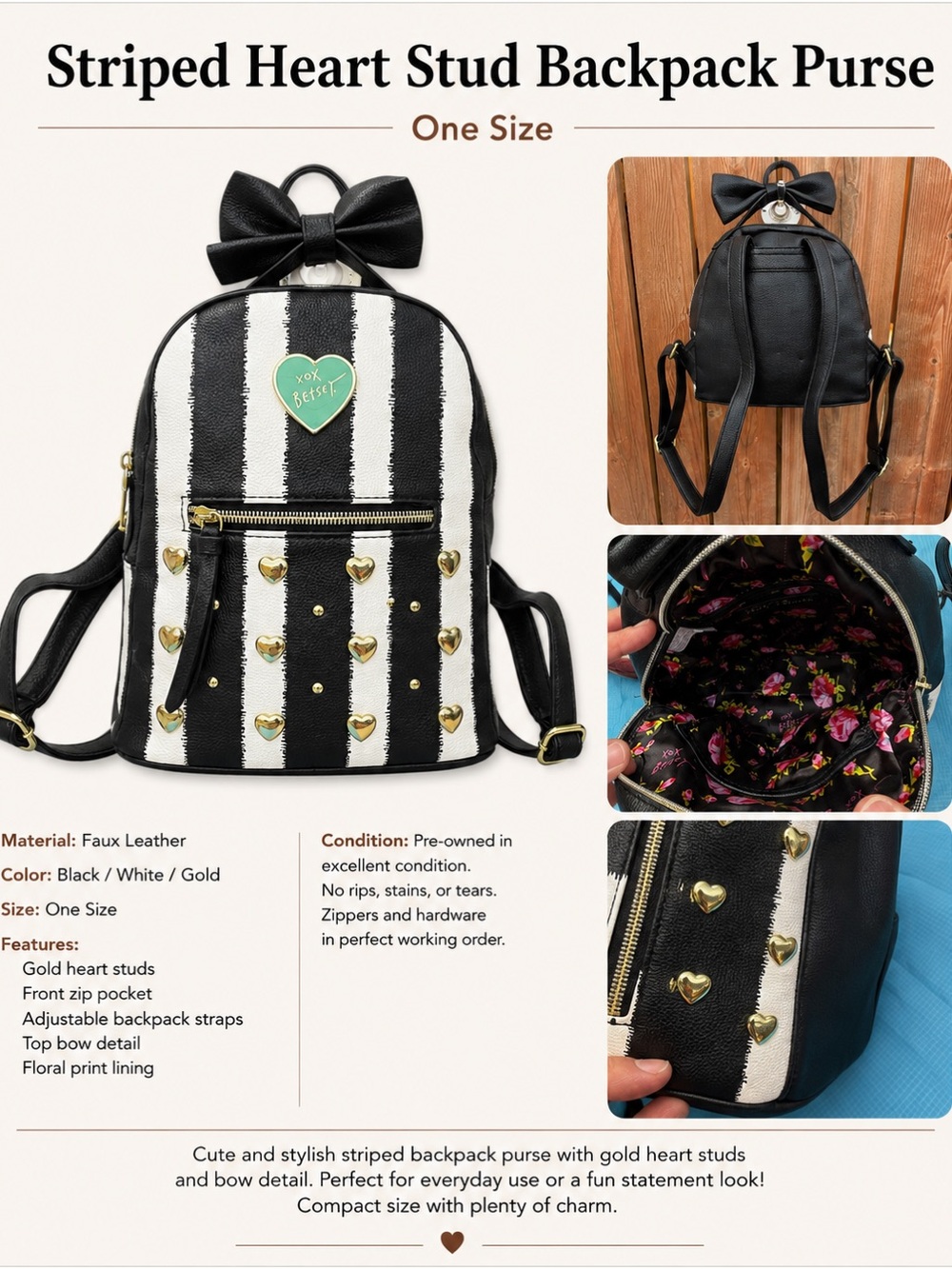Striped Black and White Backpack Purse with Gold Heart Studs
